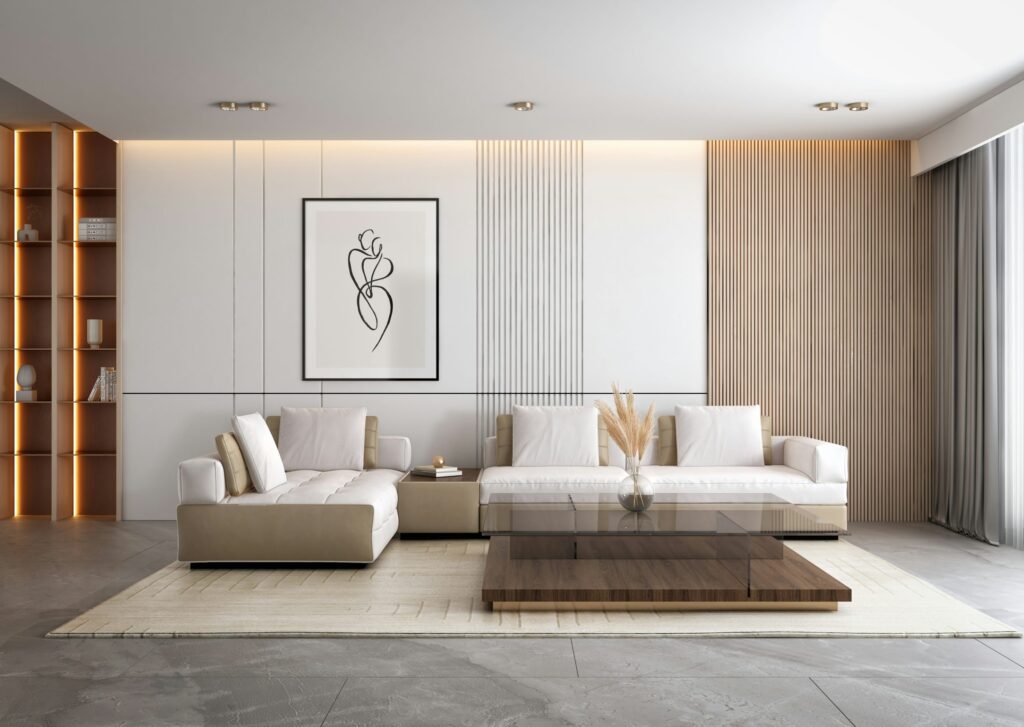 An immaculately staged room in a home, with neutral furniture and colors.